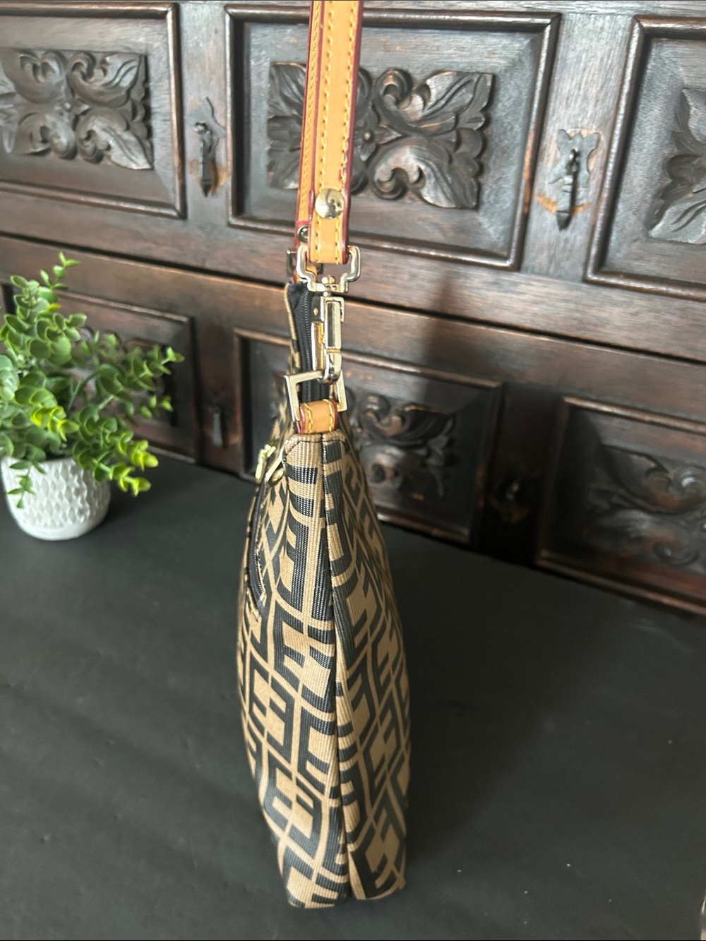 Brown Patterned Shoulder Bag with Leather Strap - Picture 4 of 7